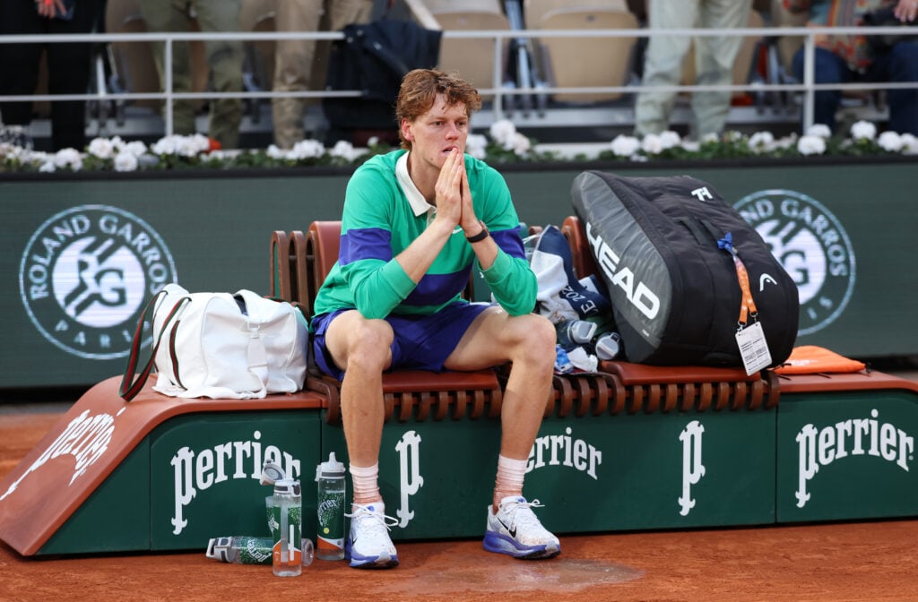 Jannik Sinner reacts after losing the 2025 French Open final.