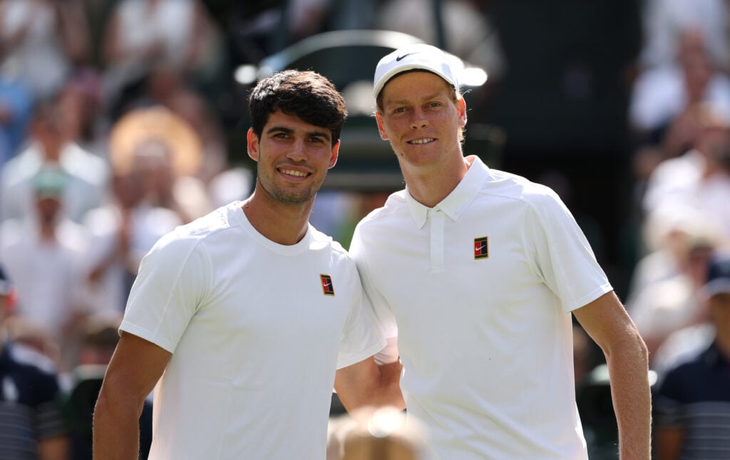 Carlos Alcaraz and Jannik Sinner pictured before the 2025 Wimbledon final.