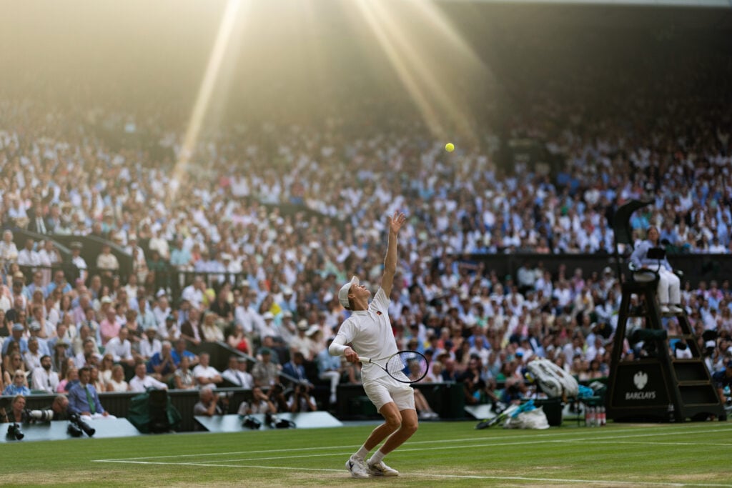 Jannik Sinner of Italy in action during the Men's Singles Final against Carlos Alcaraz of Spain (not pictured) at The Wimbledon Lawn Tennis Championship at the All England Lawn and Tennis Club at Wimbledon on July 13th, 2025 in London, England.