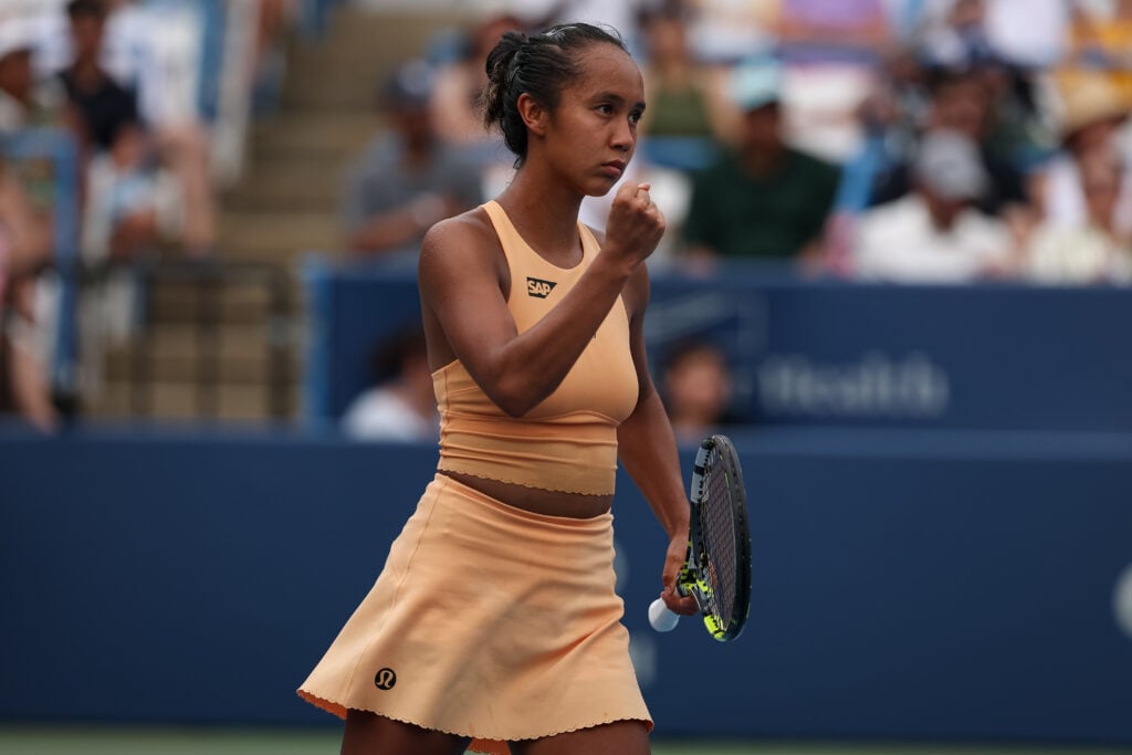 Leylah Fernandez of Canada reacts after a point during her women's single match against Elana Rybakina of Kazakhstan on day 6 of the Mubadala Citi DC Open 2025 at William H.G. FitzGerald Tennis Center on July 26, 2025 in Washington, DC.