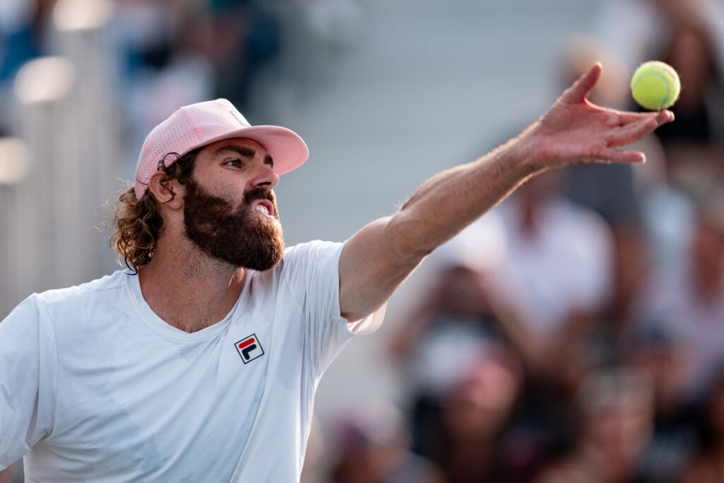 Reilly Opelka (USA) serves the ball during his third round match at ATP National Bank Open on July 31, 2025 at Sobeys Stadium in Toronto, ON, Canada