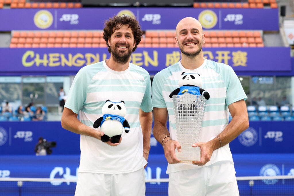 Constantin Frantzen(R) of Germany and Robin Haase of Netherlands celebrate the champion after the men's doubles final match in the 2025 ATP Chengdu Open at Sichuan International Tennis Center on September 23, 2025 in Chengdu, China.