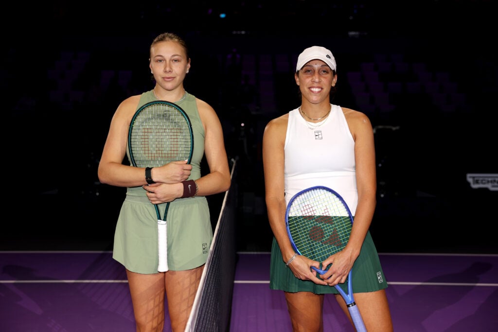 Amanda Anisimova of United States and Madison Keys of United States pose for a photo ahead of the Round Robin Singles on day three of the WTA Finals Riyadh as part of the Hologic WTA Tour 2025 at King Saud University Indoor Arena on November 03, 2025 in Riyadh, Saudi Arabia.