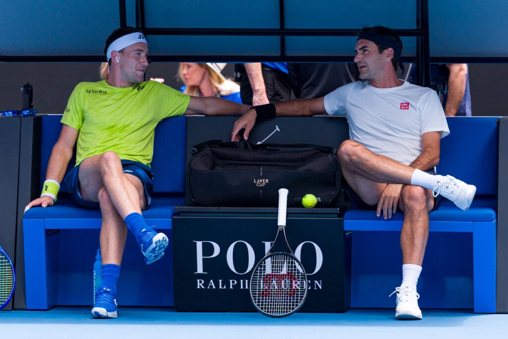 Casper Ruud and Roger Federer train together at the 2026 Australian Open.