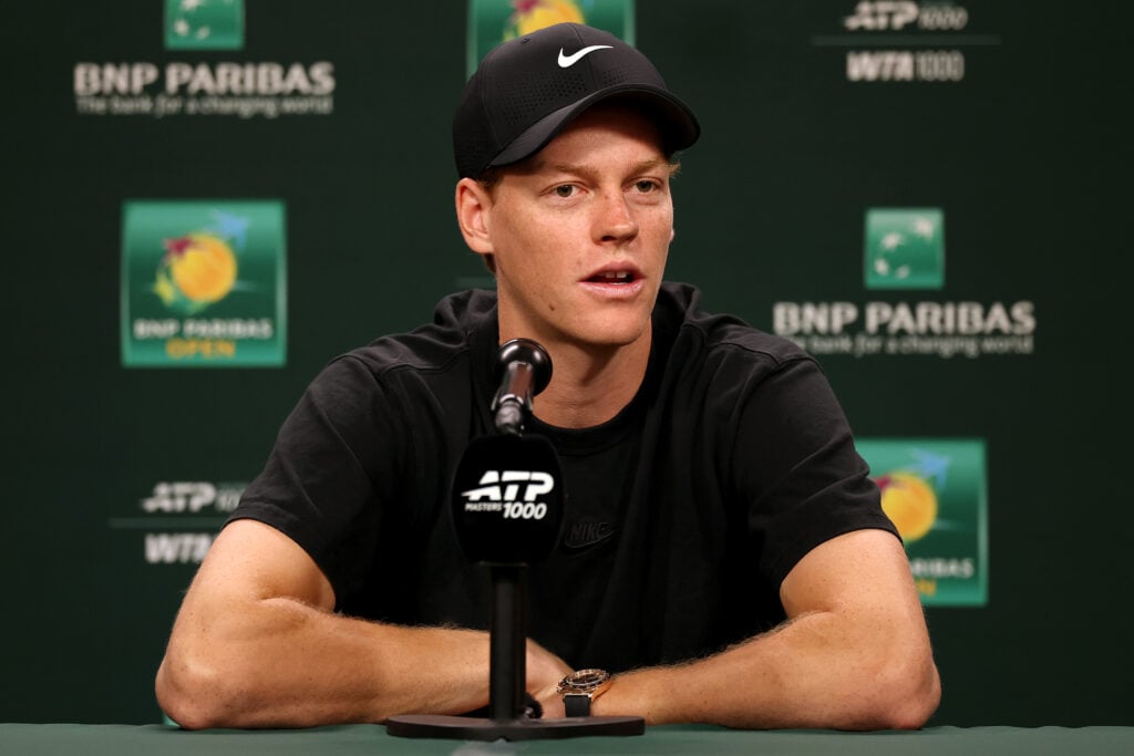 Jannik SInner of Italy fields questions on media day during the BNP Paribas Open at the Indian Wells Tennis Garden on March 03, 2026 in Indian Wells, California.