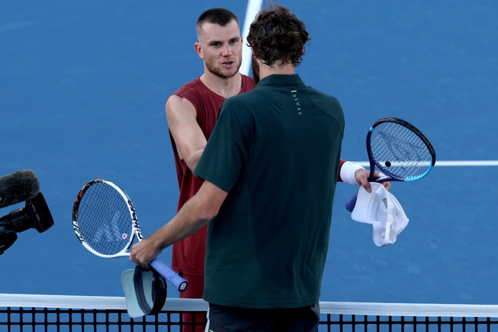 Jack Draper of Great Britain congratulates Reilly Opelka of the United States after their match on Day 4 of the Miami Open Presented by Itau at Hard Rock Stadium on March 20, 2026 in Miami Gardens, Florida.