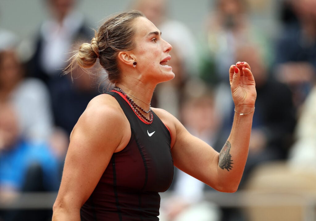 Aryna Sabalenka reacts during her quarter-final defeat at the 2026 French Open.