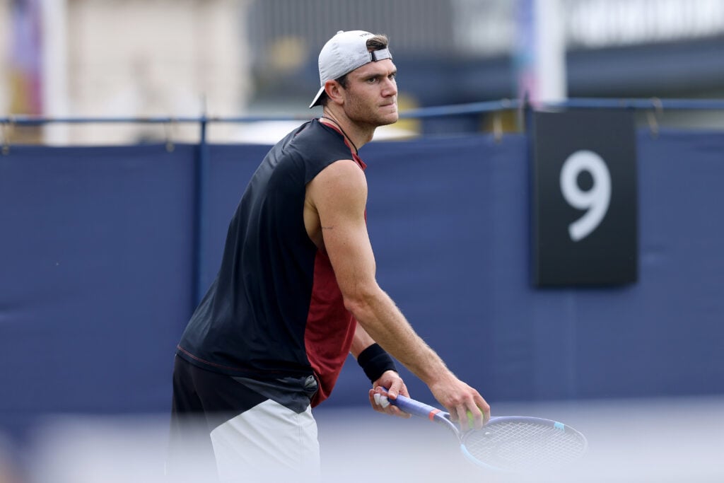 Jack Draper seen practising ahead of the 2026 Eastbourne Open.