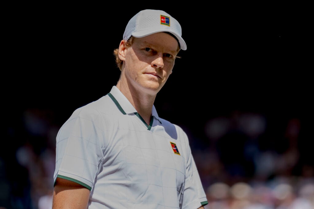 Jannik Sinner during his first round match against Nuno Borges at Wimbledon in 2026.