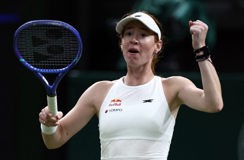 Maya Joint celebrates beating Serena Williams at Wimbledon.