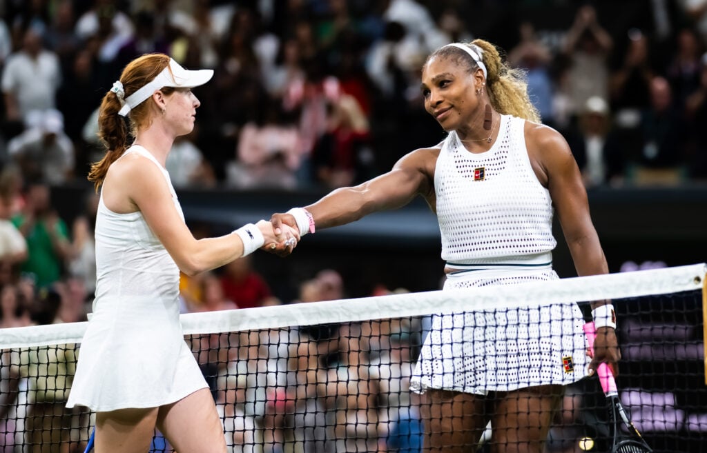 Serena Williams of the United States and Maja Joint of Australia shake hands at the net after the first round on Day Two of The Championships Wimbledon 2026 at All England Lawn Tennis and Croquet Club on June 30, 2026 in London, England