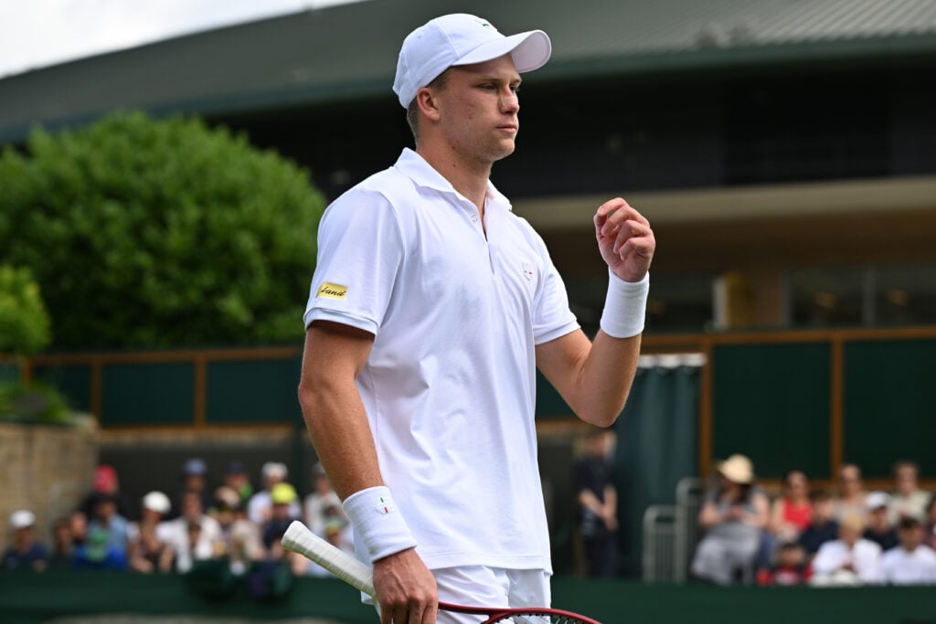 Jenson Brooksby celebrates at Wimbledon in 2026.