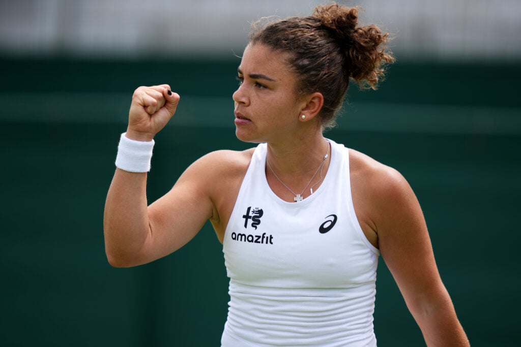 Jasmine Paolini celebrates at Wimbledon in 2026.