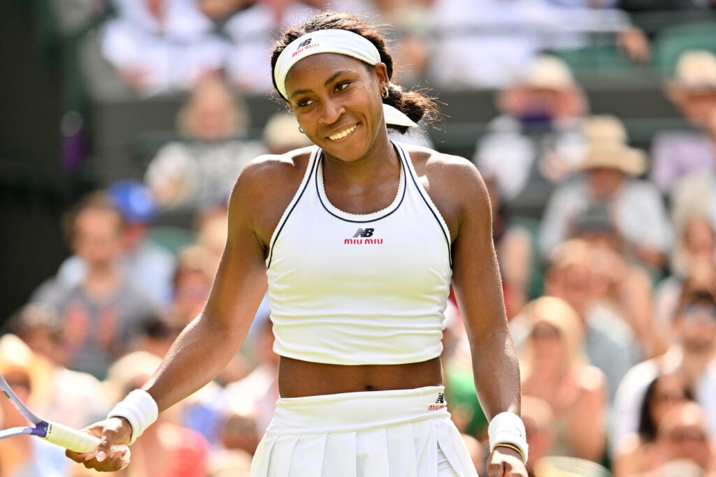 Coco Gauff reacts during her second-round match at Wimbledon in 2026.