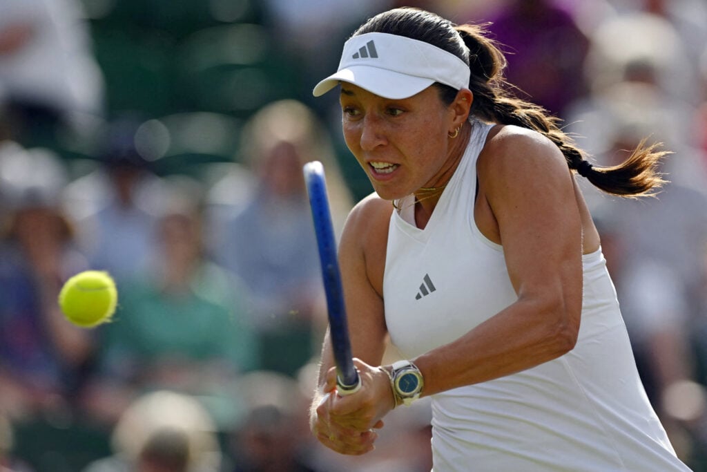 US player Jessica Pegula returns against Spain's Sara Sorribes Tormo during their women's singles second round tennis match on the third day of the 2026 Wimbledon Championships at The All England Lawn Tennis and Croquet Club in Wimbledon, southwest London, on July 1, 2026.