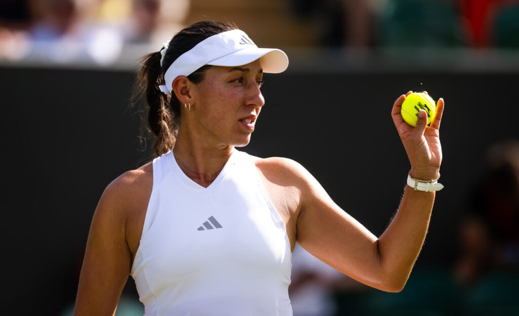 Jessica Pegula of the United States in action against Sara Sorribes Tormo of Spain in the second round on Day Three of The Championships Wimbledon 2026 at All England Lawn Tennis and Croquet Club on July 01, 2026 in London, England