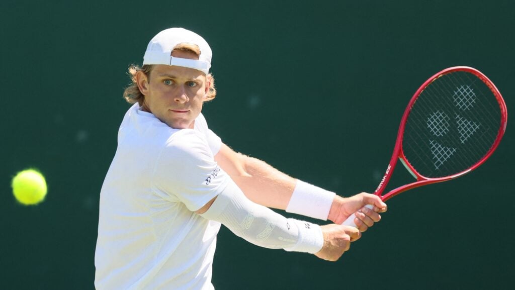 Belgian Zizou Bergs pictured in action during a second round game between Belgian Bergs and Portuguese Faria in the Men's singles at the Wimbledon grand slam tennis tournament in London, Britain, Thursday 02 July 2026.