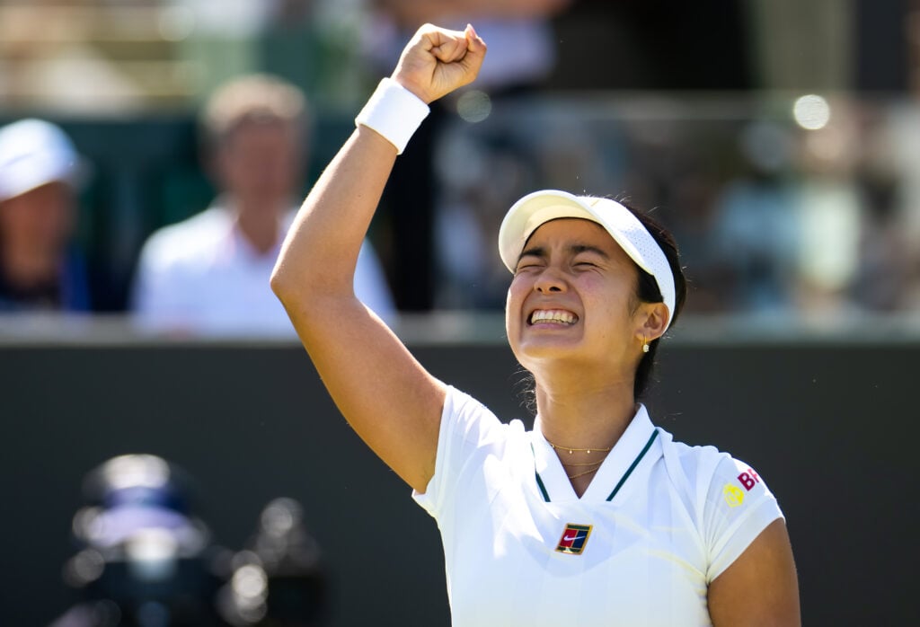 Alexandra Eala of the Philippines reacts to defeating Maja Joint of Australia in the second round on Day Four of The Championships Wimbledon 2026 at All England Lawn Tennis and Croquet Club on July 02, 2026 in London, England