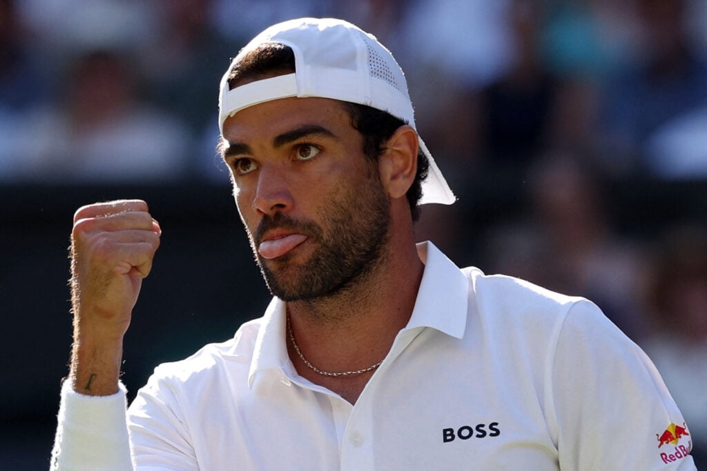 Matteo Berrettini celebrates at Wimbledon in 2026.