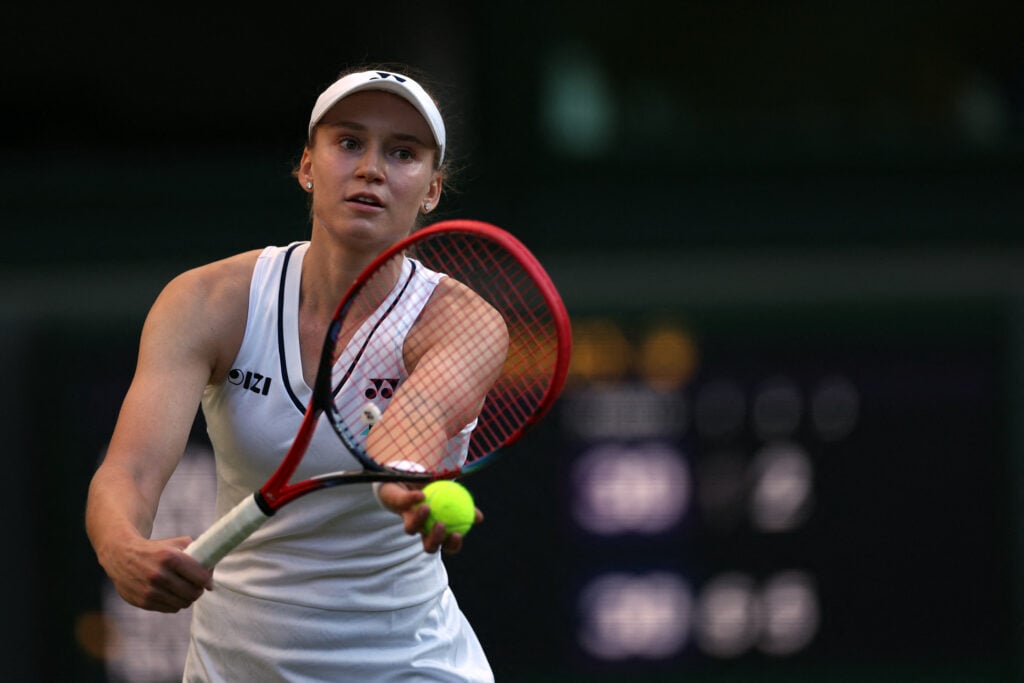 Kazakhstan's Elena Rybakina serves to US player Caty McNally during their women's singles second round tennis match on the fourth day of the 2026 Wimbledon Championships at The All England Lawn Tennis and Croquet Club in Wimbledon, southwest London, on July 2, 2026.