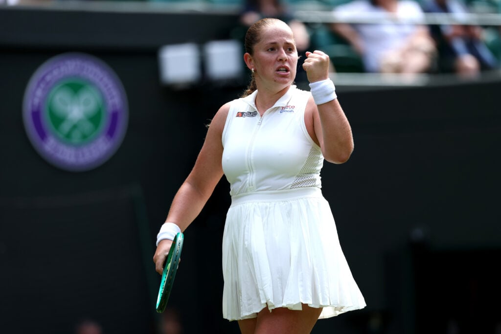 Jelena Ostapenko celebrates at Wimbledon in 2026.
