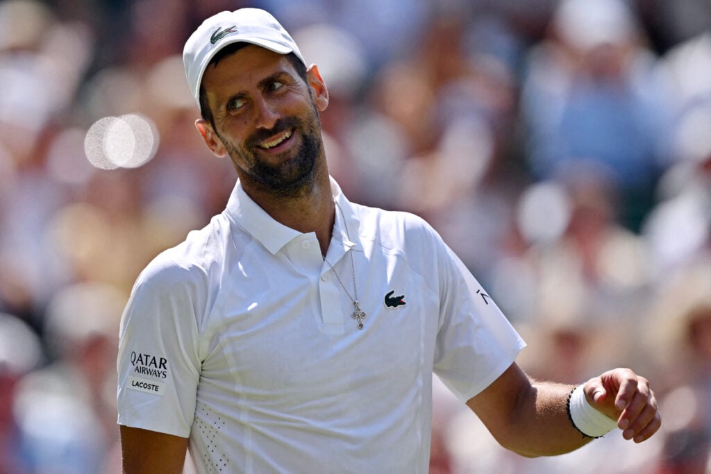 Novak Djokovic reacts during his third-round win at Wimbledon.