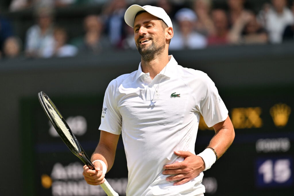 Novak Djkovic of Serbia in action during the men's singles third round match against Arthur Rinderknech of France on day five of The Wimbledon Tennis Championships at All England Lawn Tennis and Croquet Club on July 03, 2026 in London, United Kingdom.