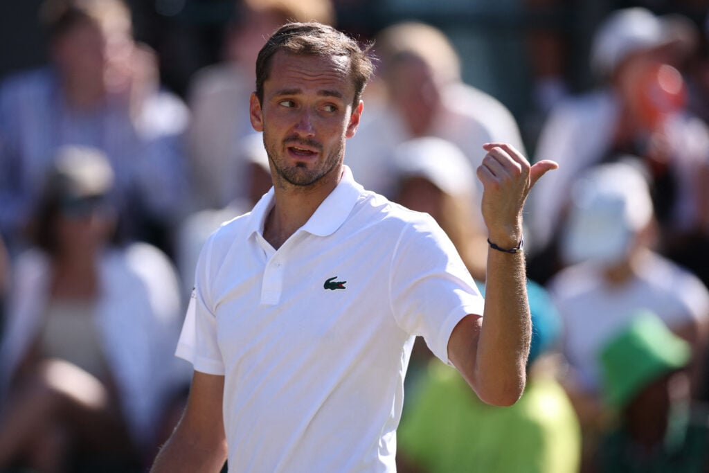 Daniil Medvedev reacts during his match against Jan-Lennard Struff at Wimbledon in 2026.