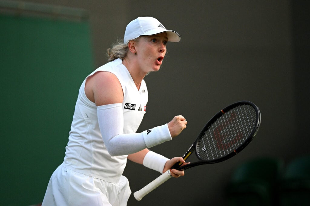 Francesca Jones of Great Britain celebrates against Diane Parry of France during their Ladies' Singles first round match on day one of The Championships Wimbledon 2026 at All England Lawn Tennis and Croquet Club on June 29, 2026 in London, England.
