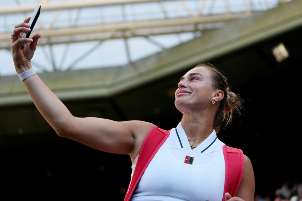 Aryna Sabalenka celebrates winning her third-round match at Wimbledon.