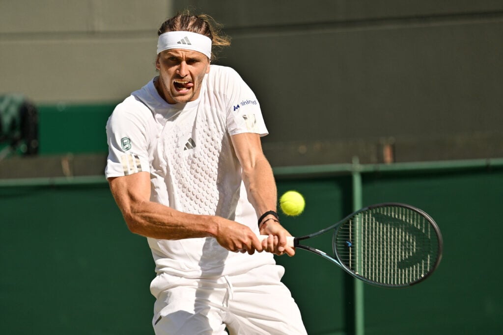 Germany's Alexander Zverev plays against Marcos Giron of the United States during the men's singles third round match on day six of The Wimbledon Tennis Championships at the All England Lawn Tennis and Croquet Club in London, United Kingdom, on July 4, 2026.