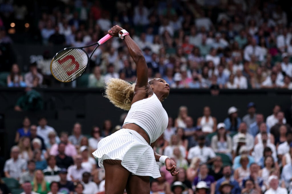 Serena Williams of United States serves against Maya Joint of Australia during their Ladies' Singles first round match on day two of The Championships Wimbledon 2026 at All England Lawn Tennis and Croquet Club on June 30, 2026 in London, England.