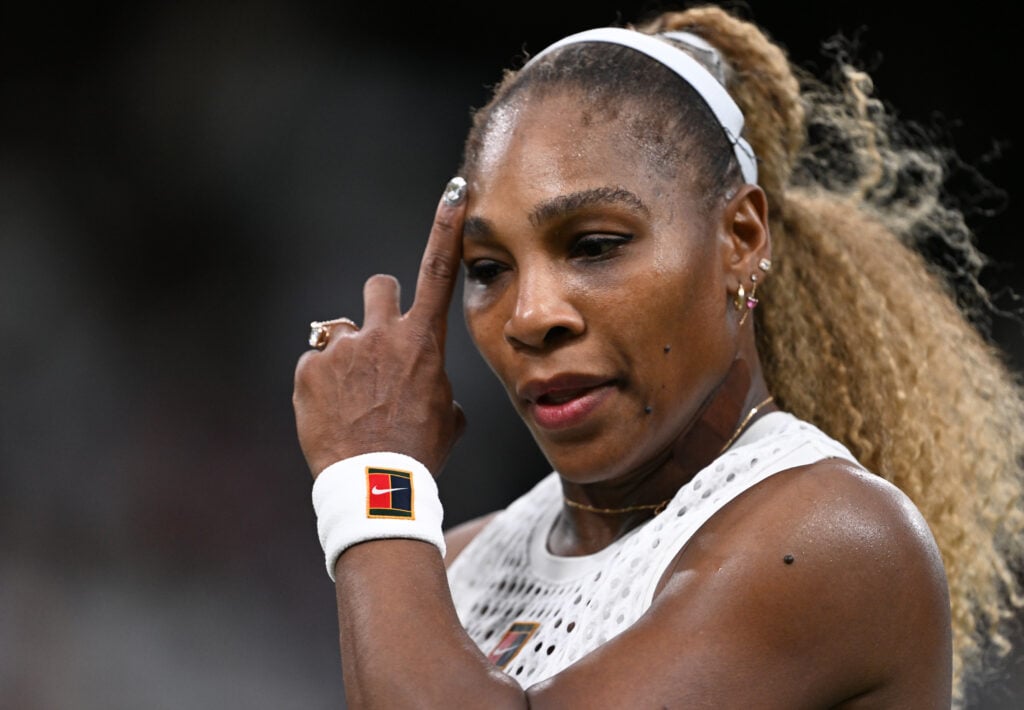 Serena Williams pictured during her first-round defeat to Maya Joint at Wimbledon in 2026.