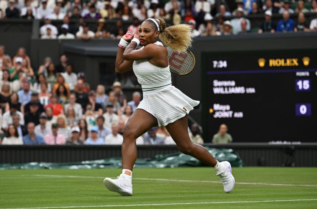 Serena Williams hits a shot at Wimbledon