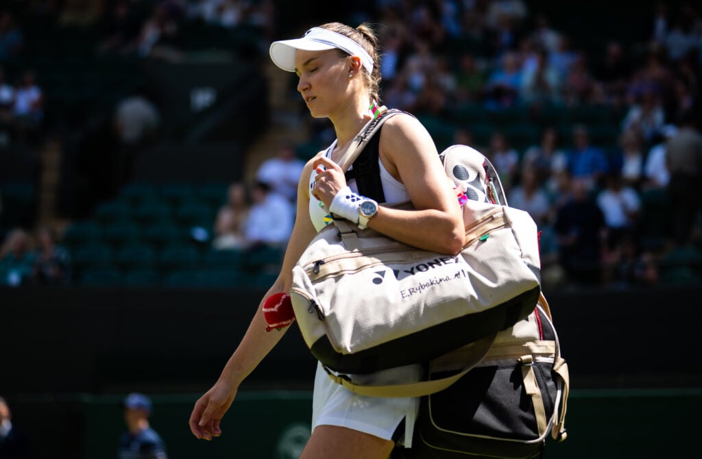 Elena Rybakina of Kazakhstan walks onto the court to play against Elise Mertens of Belgium in the third round on Day Six of The Championships Wimbledon 2026 at All England Lawn Tennis and Croquet Club on July 04, 2026 in London, England.