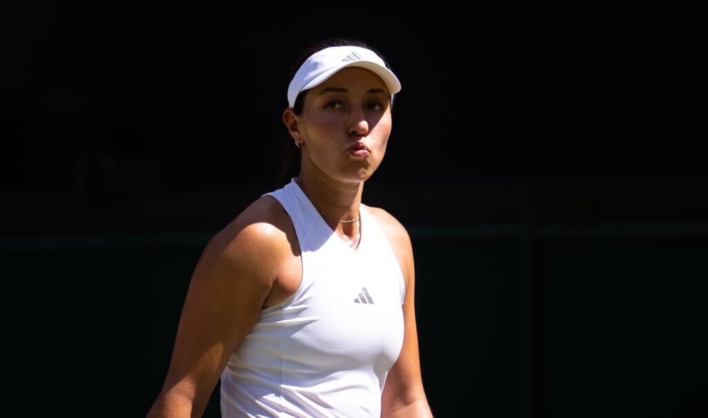 Jessica Pegula reacts during her match against Iva Jovic at Wimbledon in 2026.