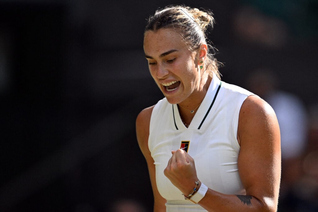 Aryna Sabalenka celebrates at the 2026 Wimbledon Championships.