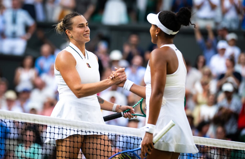 Aryna Sabalenka and Naomi Osaka of Japan shake hands at the net after the fourth round on Day Seven of The Championships Wimbledon 2026 at All England Lawn Tennis and Croquet Club on July 05, 2026 in London, England