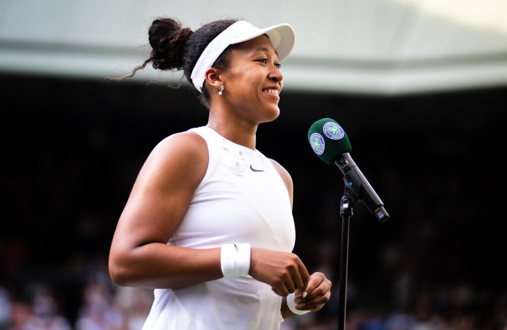Naomi Osaka of Japan smiles during the post-match interview after defeating Aryna Sabalenka in the fourth round on Day Seven of The Championships Wimbledon 2026 at All England Lawn Tennis and Croquet Club on July 05, 2026 in London, England