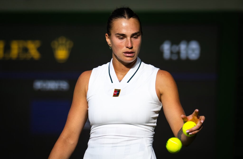 Aryna Sabalenka in action against Naomi Osaka of Japan in the fourth round on Day Seven of The Championships Wimbledon 2026 at All England Lawn Tennis and Croquet Club on July 05, 2026 in London, England