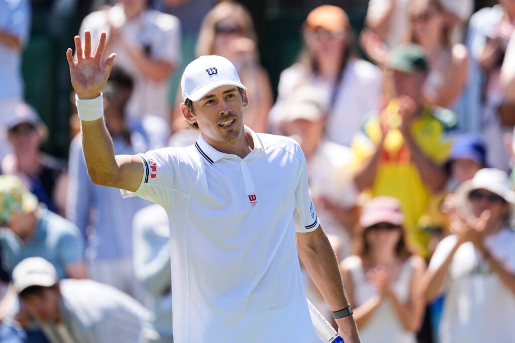 Alex de Minaur celebrates his second-round win at Wimbledon in 2026.