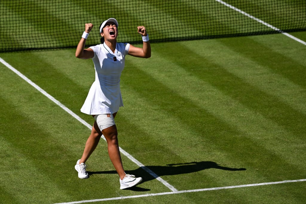 Alexandra Eala of the Philippines celebrates winning match point against Maya Joint of Australia during the Ladies' Singles second round match on Day Four of The Championships Wimbledon 2026 at All England Lawn Tennis and Croquet Club on July 02, 2026 in London, England.