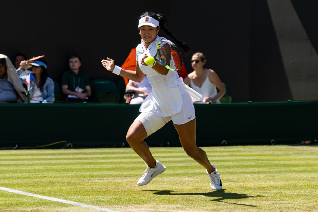Alexandra Eala of Phillippines in action during her Ladies' Singles second round match against Maya Joint of Australia on day four of The Championships Wimbledon 2026 at All England Lawn Tennis and Croquet Club on July 02, 2026 in London, England.