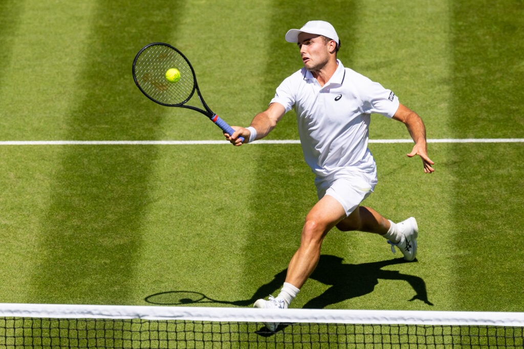 Arthur Fery of United Kingdom in action during the Gentlemen's Singles second round match against Otto Virtanen of Finland on day four of The Championships Wimbledon 2026 at All England Lawn Tennis and Croquet Club on July 02, 2026 in London, England.