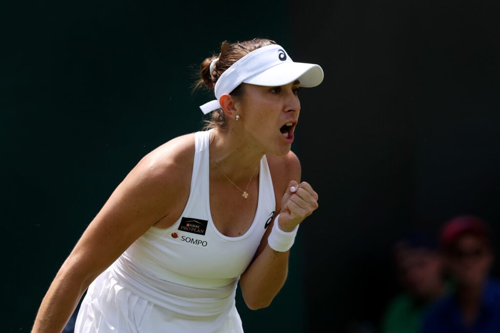 Belinda Bencic celebrates at Wimbledon in 2026.