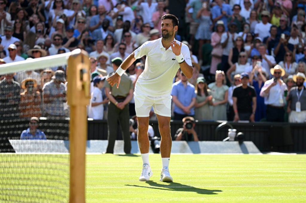 Novak Djokovic of Serbia does a dance as he celebrates victory against Arthur Rinderknech of France during their Gentlemen's Singles third round match on day five of The Championships Wimbledon 2026 at All England Lawn Tennis and Croquet Club on July 03, 2026 in London, England.