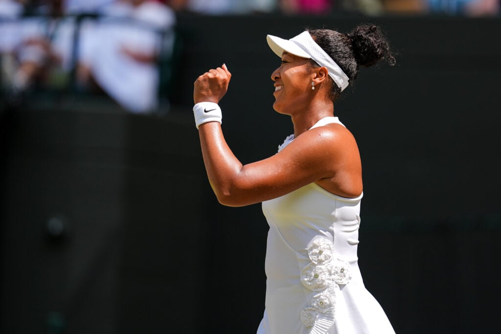 Naomi Osaka of Japan celebrates the victory in the Ladies Singles third round match against Daria Kasatkina of Australia on day five of The Championships Wimbledon 2026 at All England Lawn Tennis and Croquet Club on July 03, 2026 in London, England.