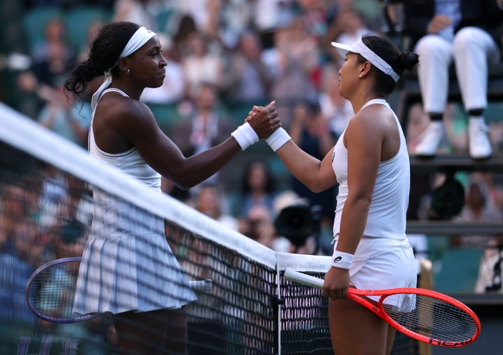 Coco Gauff of United States and Claire Liu of United States interact at the net following their Ladies' Singles third round match on day five of The Championships Wimbledon 2026 at All England Lawn Tennis and Croquet Club on July 03, 2026 in London, England.