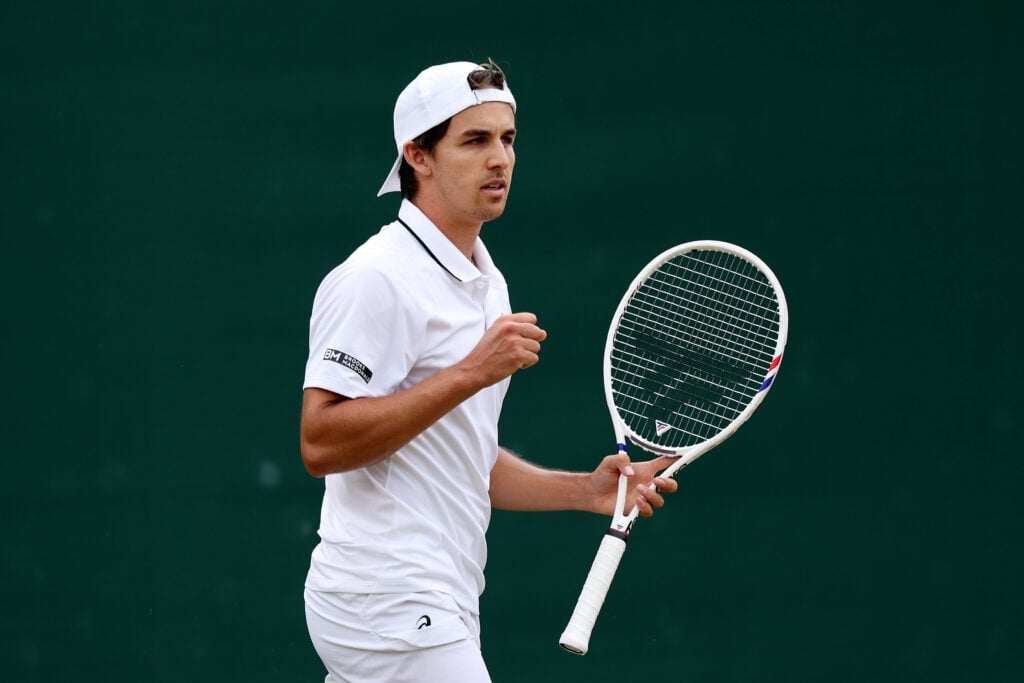 Zachary Svajda of United States celebrates a point against Alex De Minaur of Australia during their Gentlemen's Singles third round match on day six of The Championships Wimbledon 2026 at All England Lawn Tennis and Croquet Club on July 04, 2026 in London, England.