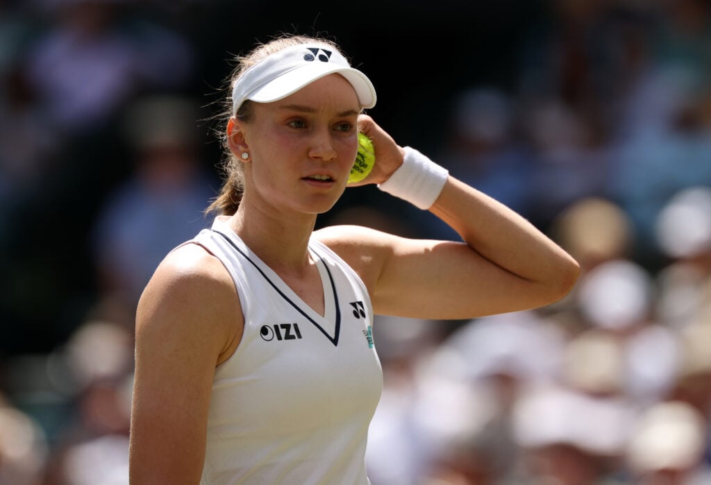 Elena Rybakina during her match against Elise Mertens at Wimbledon in 2026.